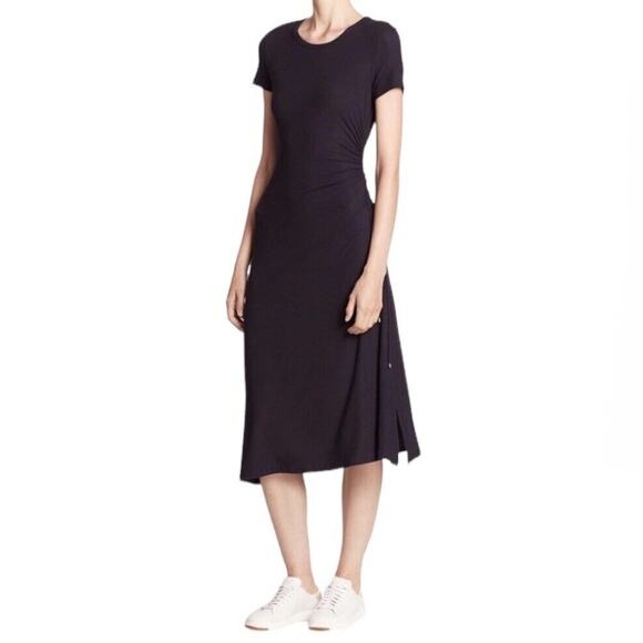 THEORY Jilaena Ruched Side Midi Tee Dress Womens S Black Crewneck Ribbed Viscose - Picture 1 of 13